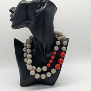 PREMIER DESIGNS Brass Gray Red Two Strand Bead Necklace 16"